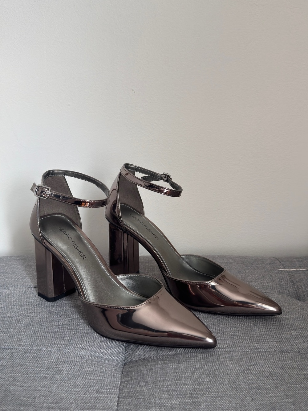 Marc Fisher Shiny Bronze Pointed Ankle-Strap Block Heels